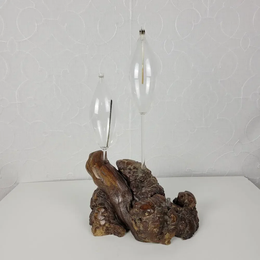 Vintage Oil Candle Lamp Burl Root Designs Glass Lantern Wood Base MCM Retro
